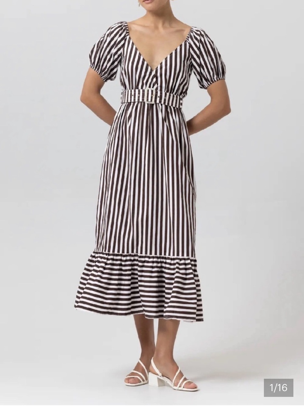 Lusana Leeta Cotton Striped Black and White V-Neck Midi Dress with Belt